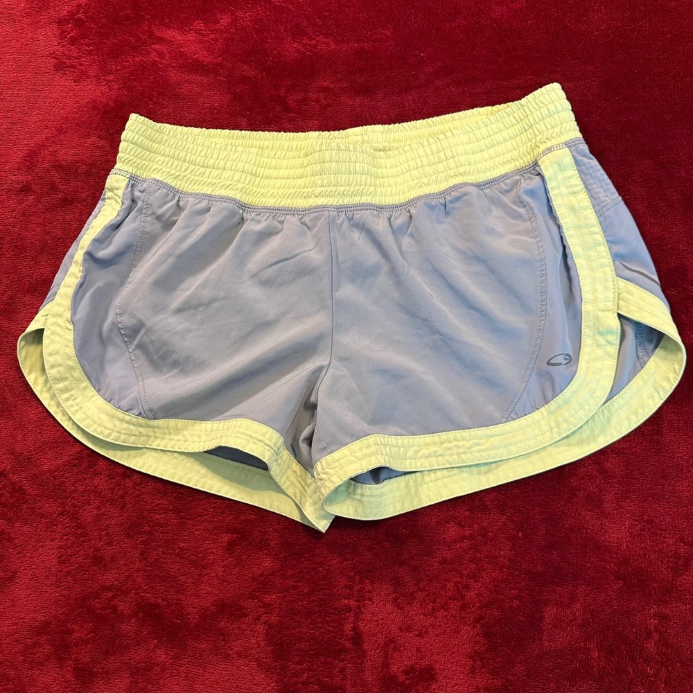 Champion Duo Dry Women XS Gray Neon Yellow Running Athletic Shorts Zipper Pocket